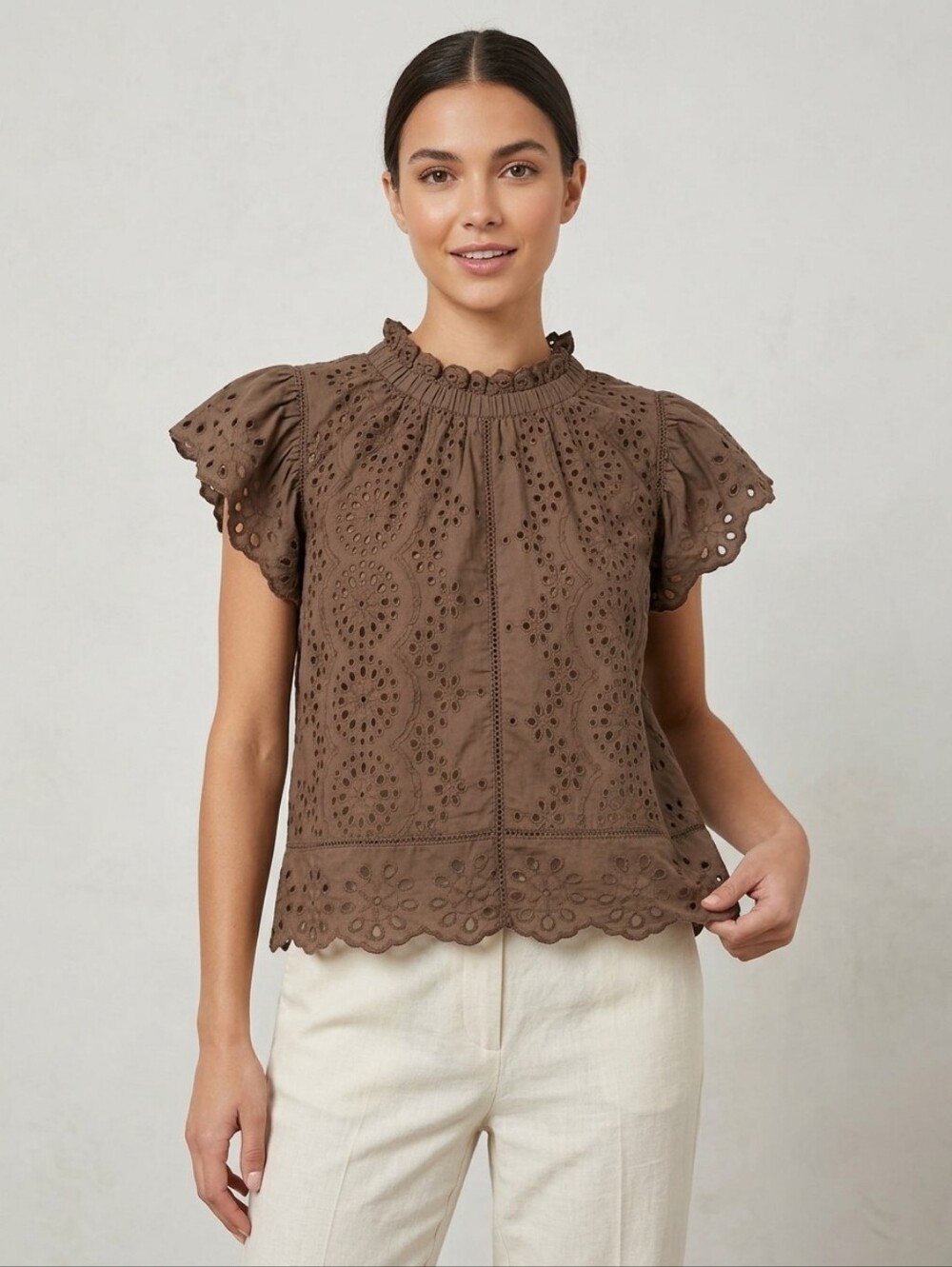Jennifer Grace Eyelet Flutter Sleeve Blouse Brown Boho Cottagecore Romantic